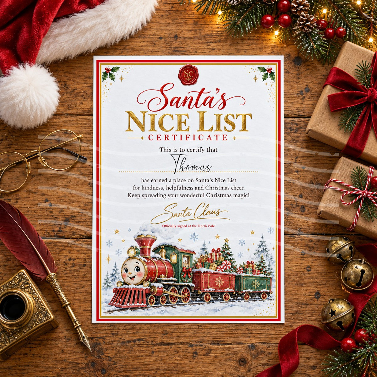 Personalised Santa’s Nice List certificate with a red wax seal, gold lettering and a smiling red and green steam train carrying presents through the snow