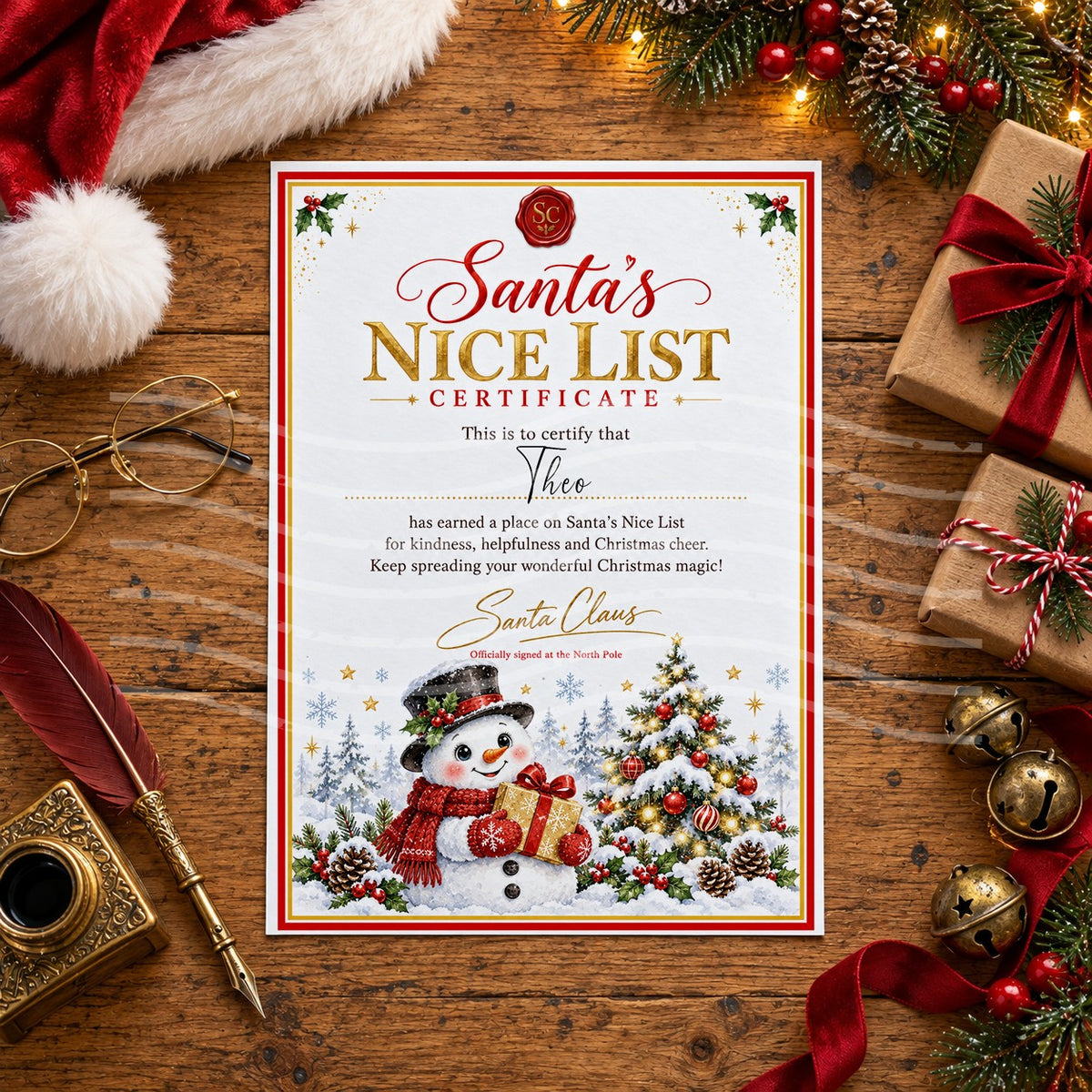 Personalised Santa’s Nice List certificate with a red wax seal, gold lettering and a snowman in a black top hat and red scarf holding a gold present beside a Christmas tree