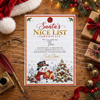 Personalised Santa’s Nice List certificate with a red wax seal, gold lettering and a snowman in a black top hat and red scarf holding a gold present beside a Christmas tree