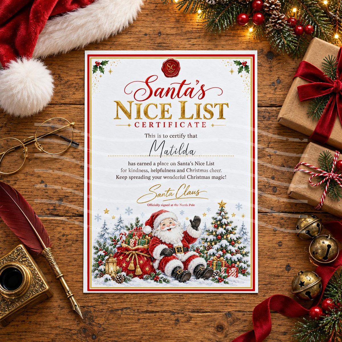 Personalised Santa’s Nice List certificate with a red wax seal, gold lettering and Santa Claus waving beside his sack of presents and a decorated Christmas tree