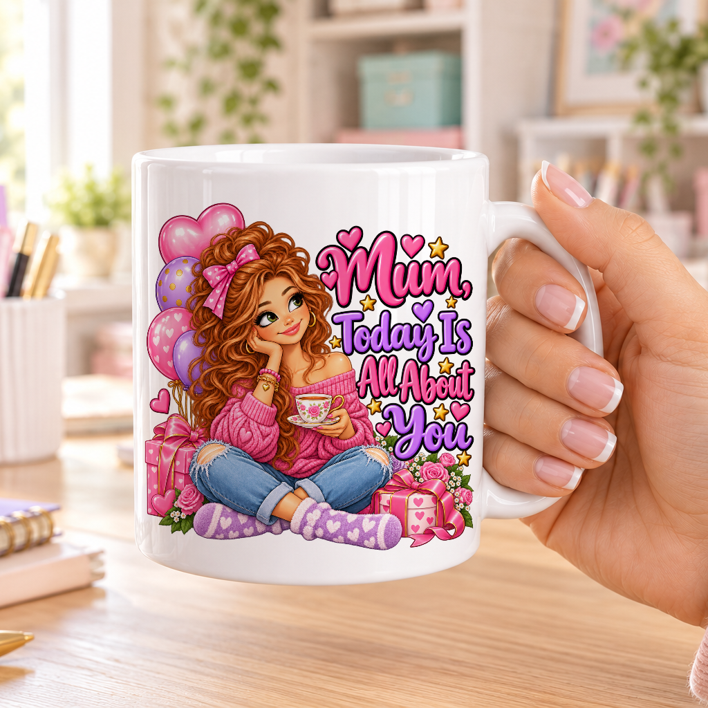 Mum Today Is All About You birthday design – plain white ceramic mug