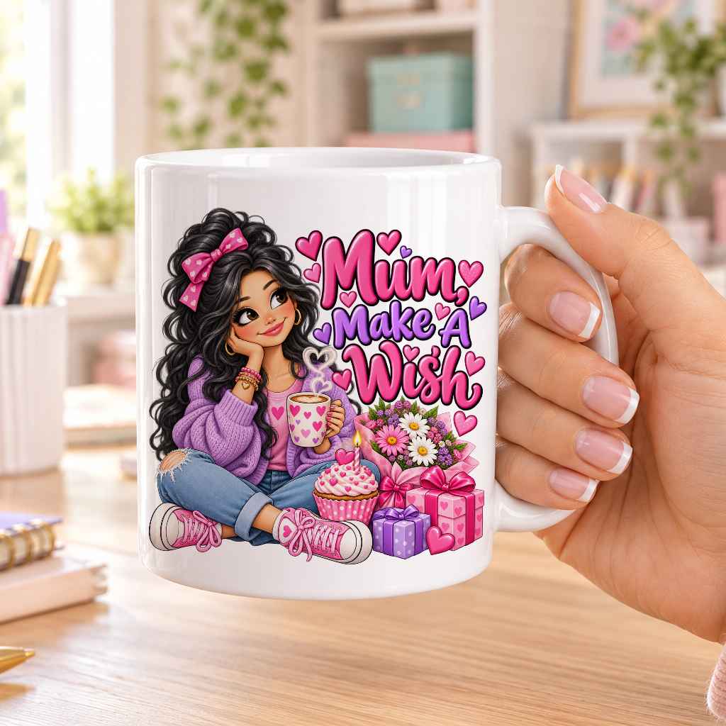 Mum Make a Wish birthday design – plain white ceramic mug