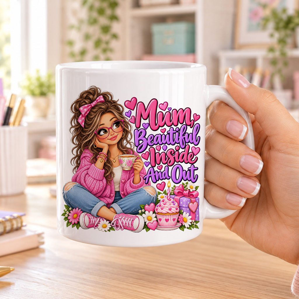 Mum Beautiful Inside and Out birthday design – plain white ceramic mug
