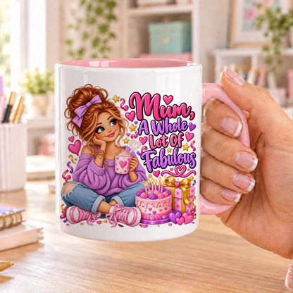 Mum a Whole Lot of Fabulous birthday design – white ceramic mug with pink handle and pink inside