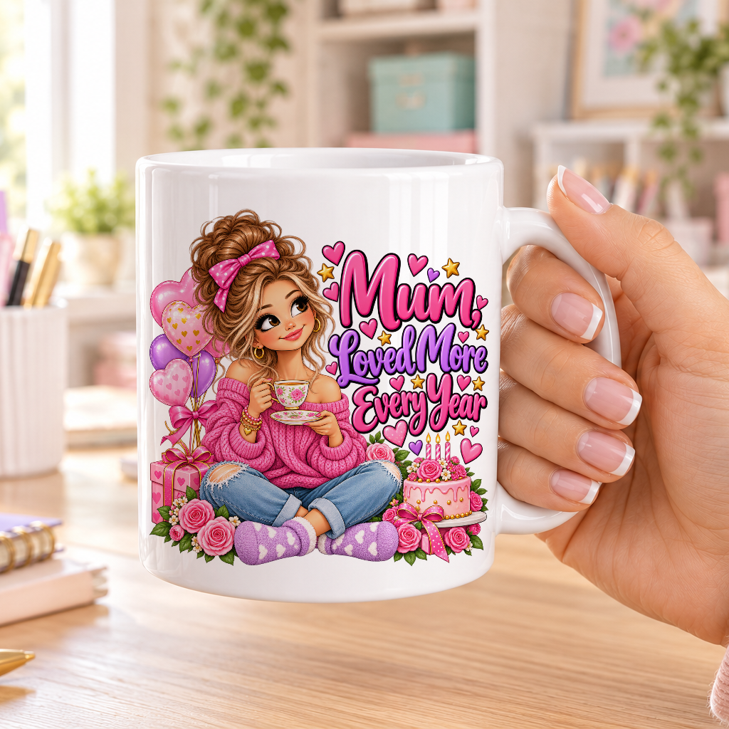Mum Loved More Every Year birthday design – plain white ceramic mug
