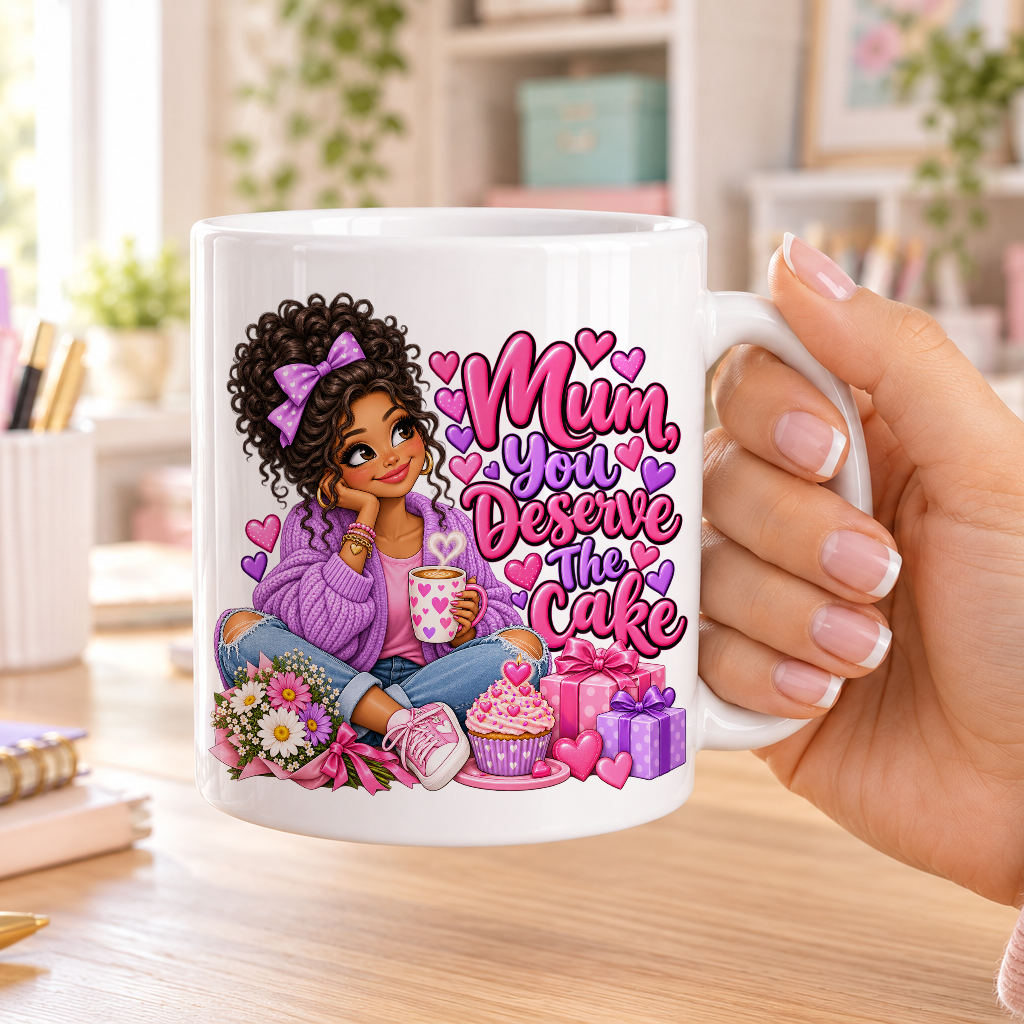 Mum You Deserve the Cake birthday design – plain white ceramic mug