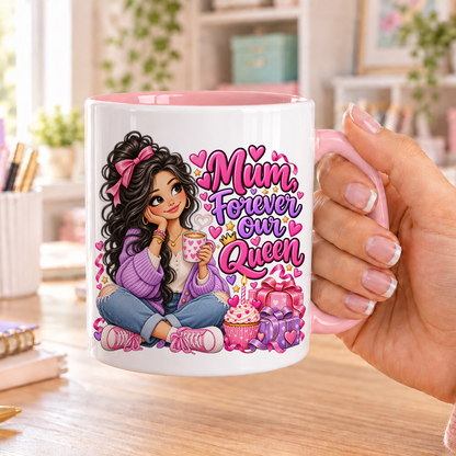 Mum Forever Our Queen birthday design – white ceramic mug with pink handle and pink inside