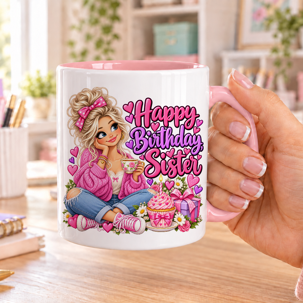 Happy Birthday Sister birthday design – white ceramic mug with pink handle and pink inside