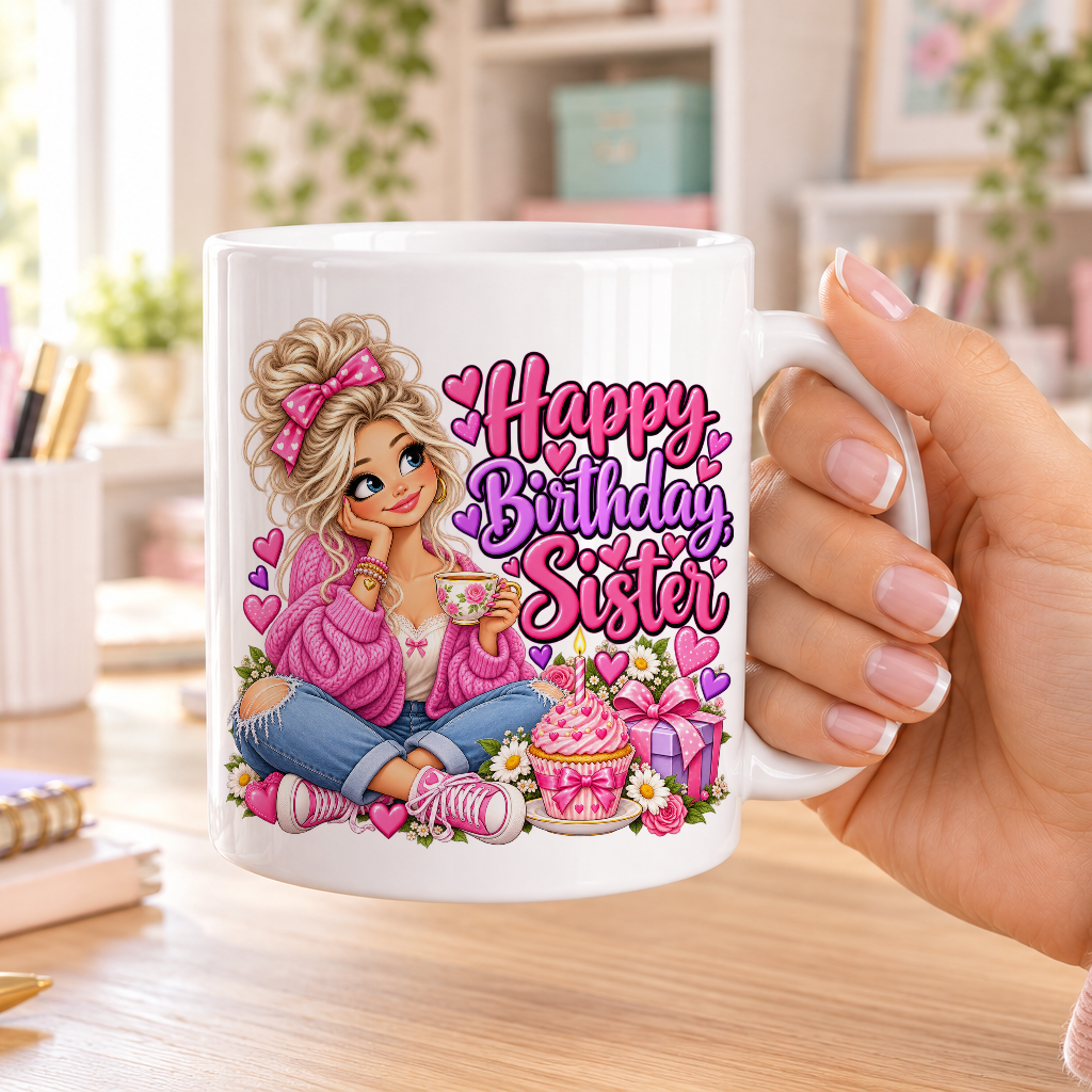 Happy Birthday Sister birthday design – plain white ceramic mug