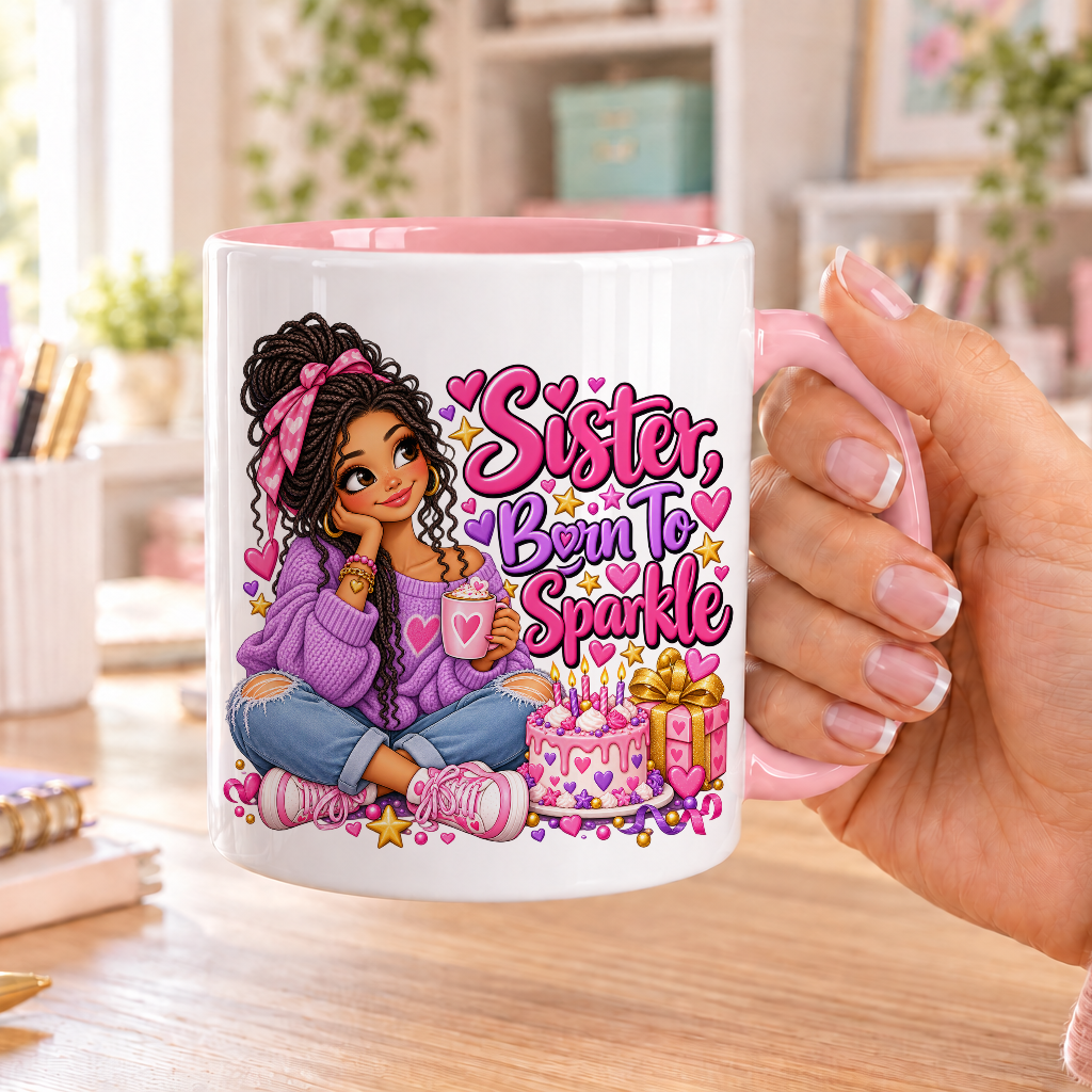 Sister Born to Sparkle birthday design – white ceramic mug with pink handle and pink inside