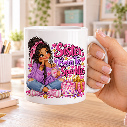 Sister Born to Sparkle birthday design – plain white ceramic mug