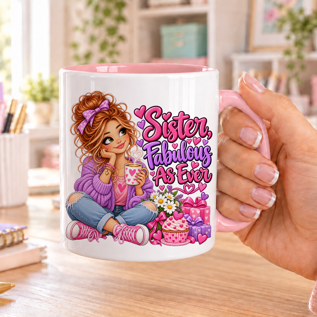 Sister Fabulous as Ever birthday design – white ceramic mug with pink handle and pink inside