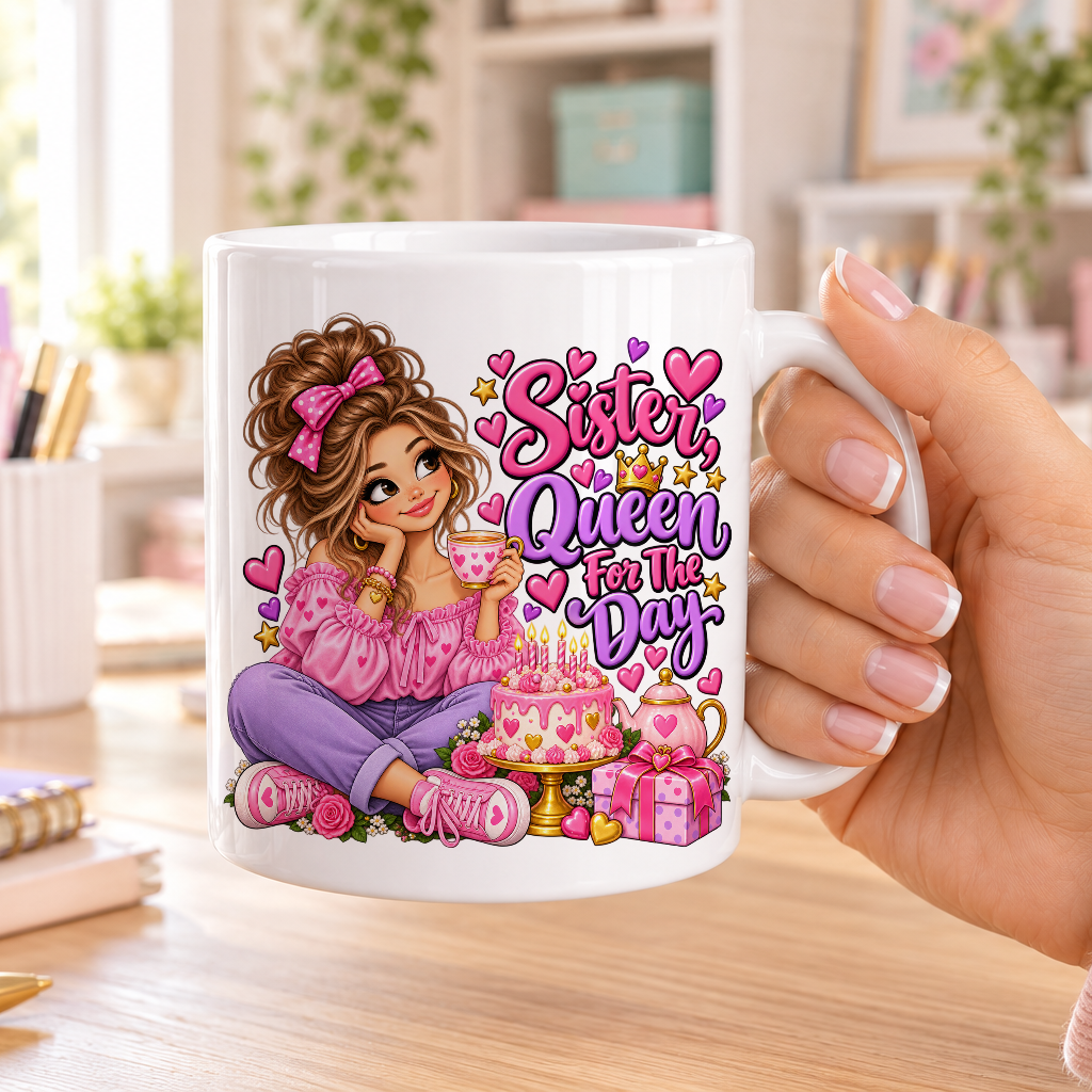 Sister Queen for the Day birthday design – plain white ceramic mug