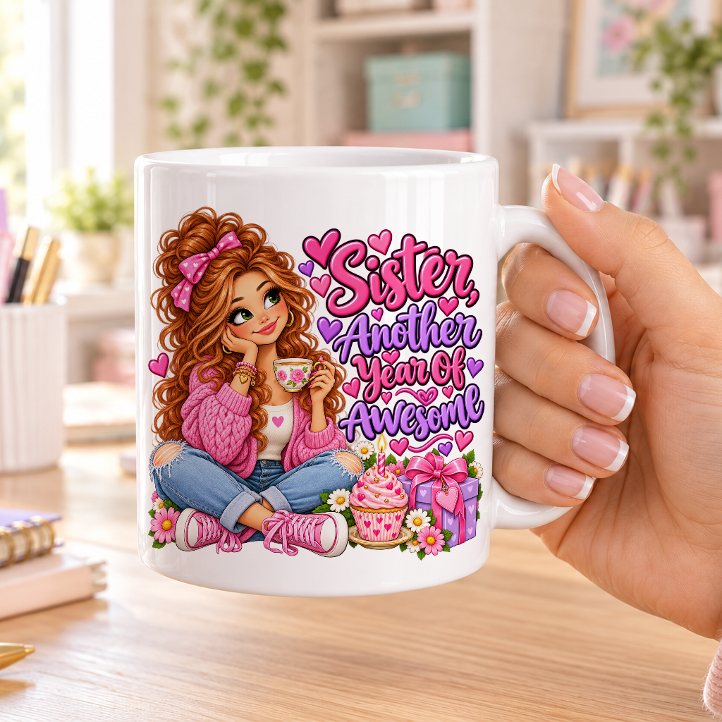 Sister Another Year of Awesome birthday design – plain white ceramic mug