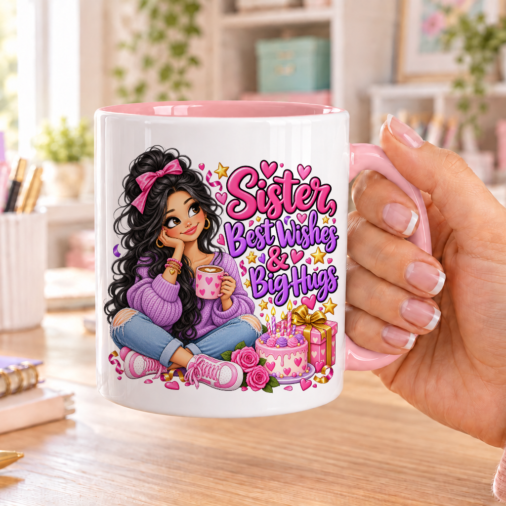 Sister Best Wishes and Big Hugs birthday design – white ceramic mug with pink handle and pink inside