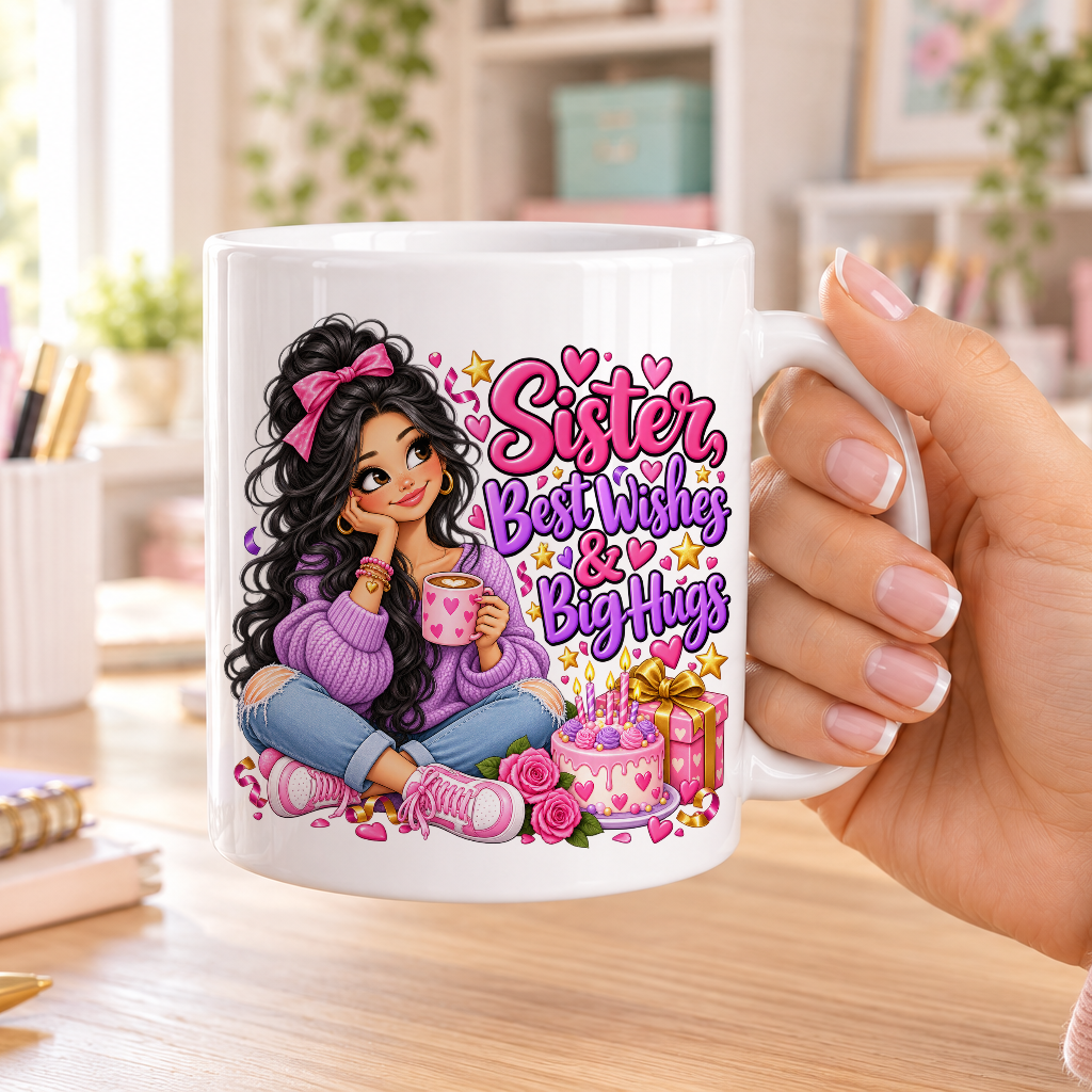 Sister Best Wishes and Big Hugs birthday design – plain white ceramic mug