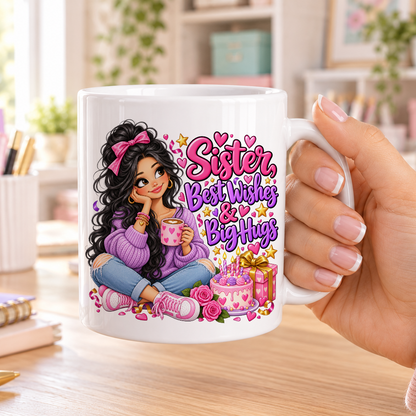 Sister Best Wishes and Big Hugs birthday design – plain white ceramic mug