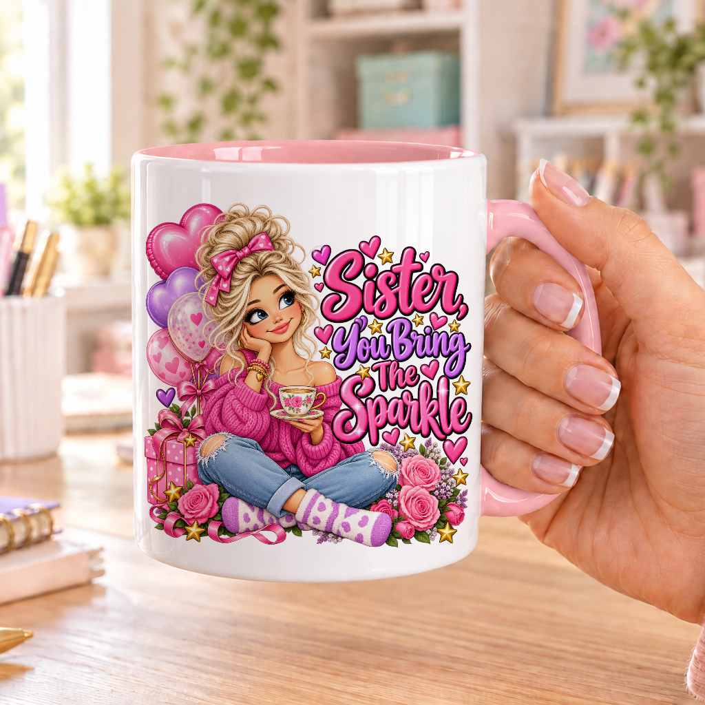 Sister You Bring the Sparkle birthday design – white ceramic mug with pink handle and pink inside