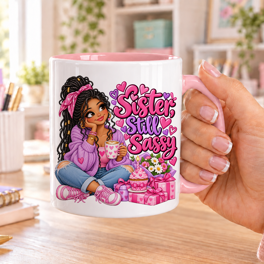 Sister Still Sassy birthday design – white ceramic mug with pink handle and pink inside