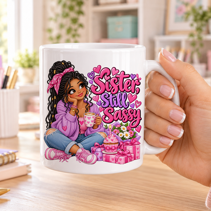 Sister Still Sassy birthday design – plain white ceramic mug