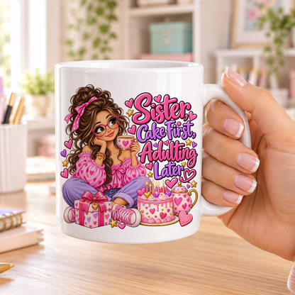 Sister Cake First Adulting Later birthday design – plain white ceramic mug