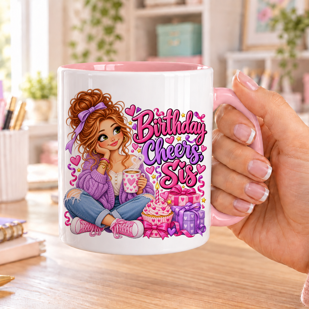 Birthday Cheers Sis birthday design – white ceramic mug with pink handle and pink inside