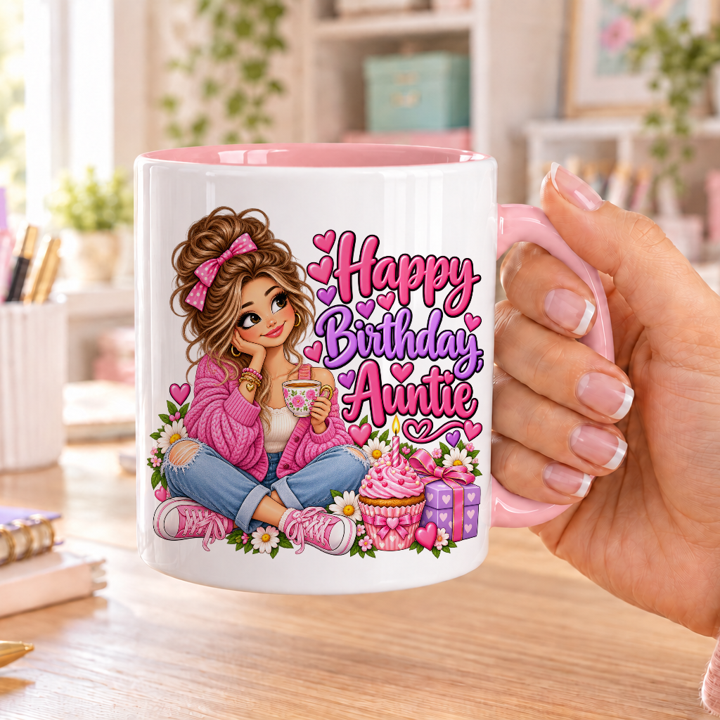 Happy Birthday Auntie birthday design – white ceramic mug with pink handle and pink inside