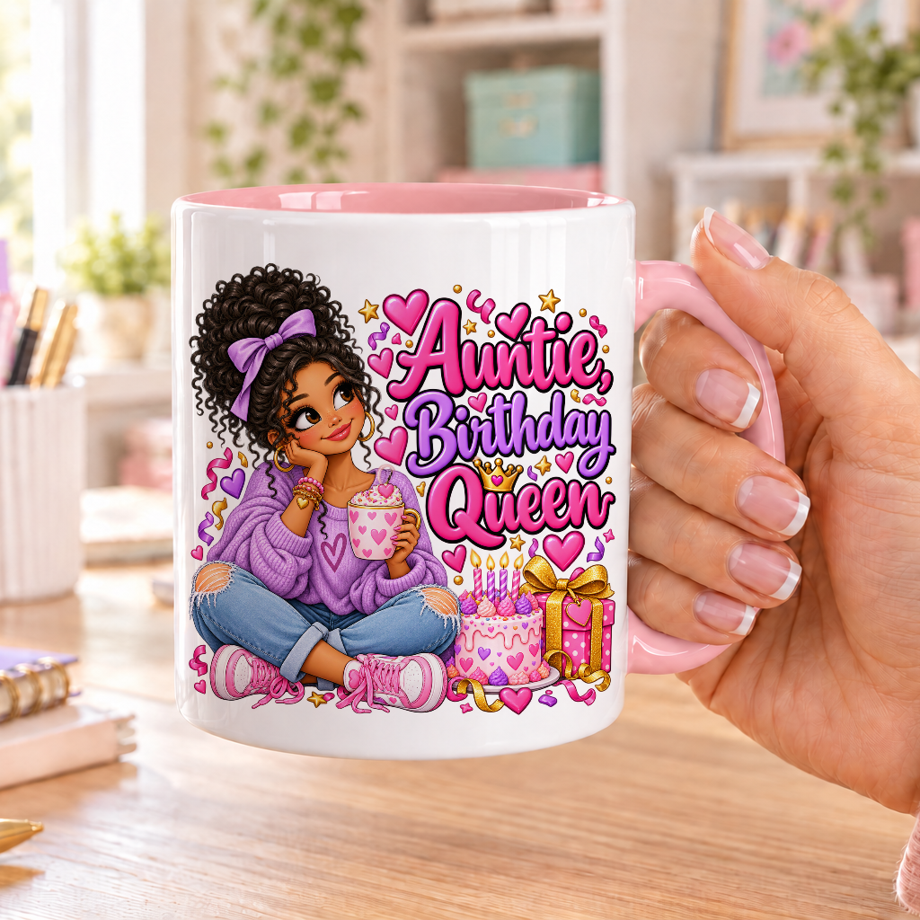 Auntie Birthday Queen birthday design – white ceramic mug with pink handle and pink inside