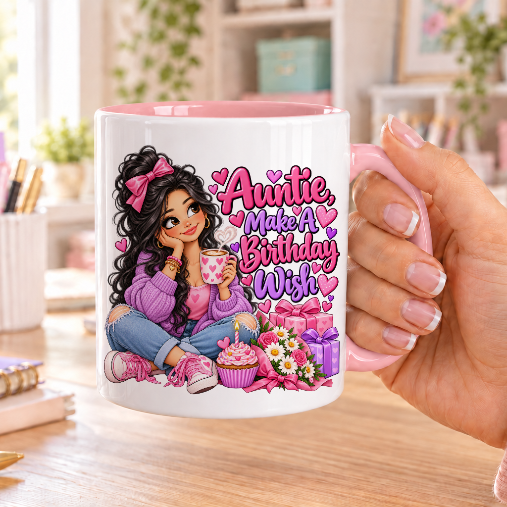 Auntie Make a Birthday Wish birthday design – white ceramic mug with pink handle and pink inside