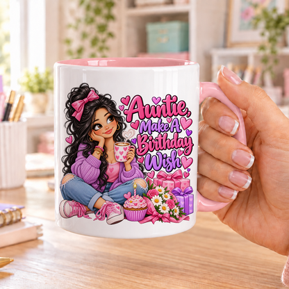 Auntie Make a Birthday Wish birthday design – white ceramic mug with pink handle and pink inside