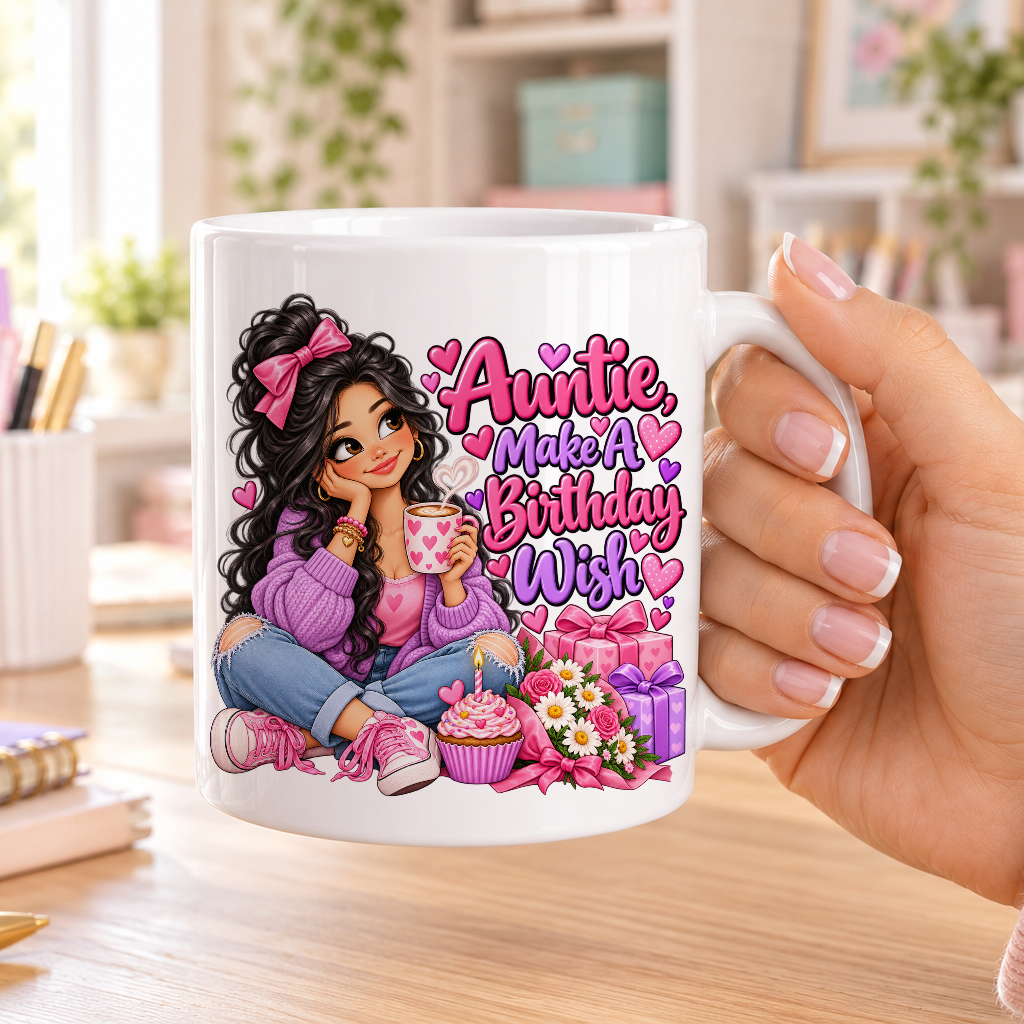Auntie Make a Birthday Wish birthday design – plain white ceramic mug
