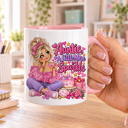 Auntie a Little More Sparkle birthday design – white ceramic mug with pink handle and pink inside