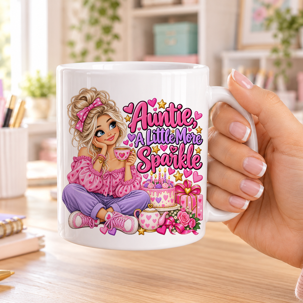 Auntie a Little More Sparkle birthday design – plain white ceramic mug