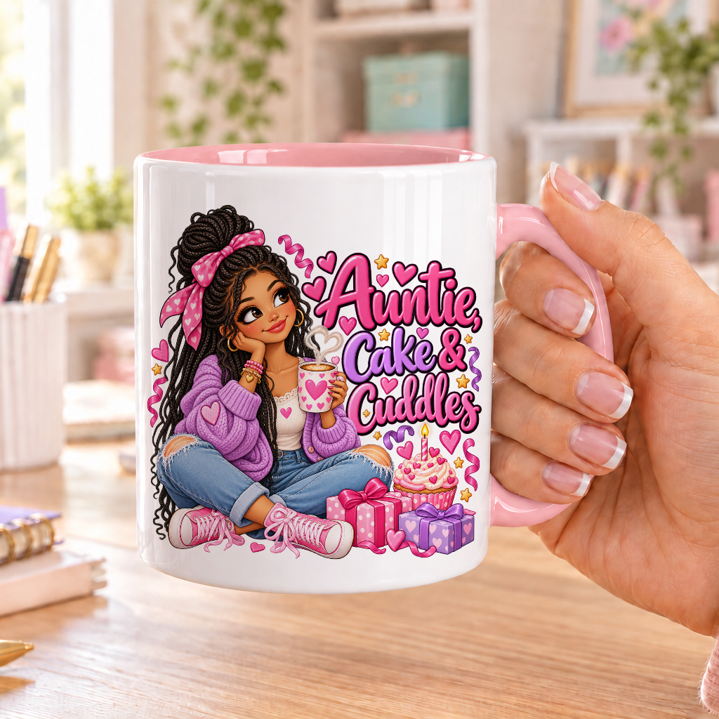Auntie Cake and Cuddles birthday design – white ceramic mug with pink handle and pink inside