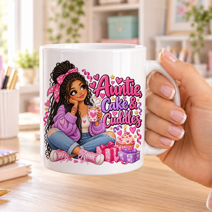 Auntie Cake and Cuddles birthday design – plain white ceramic mug