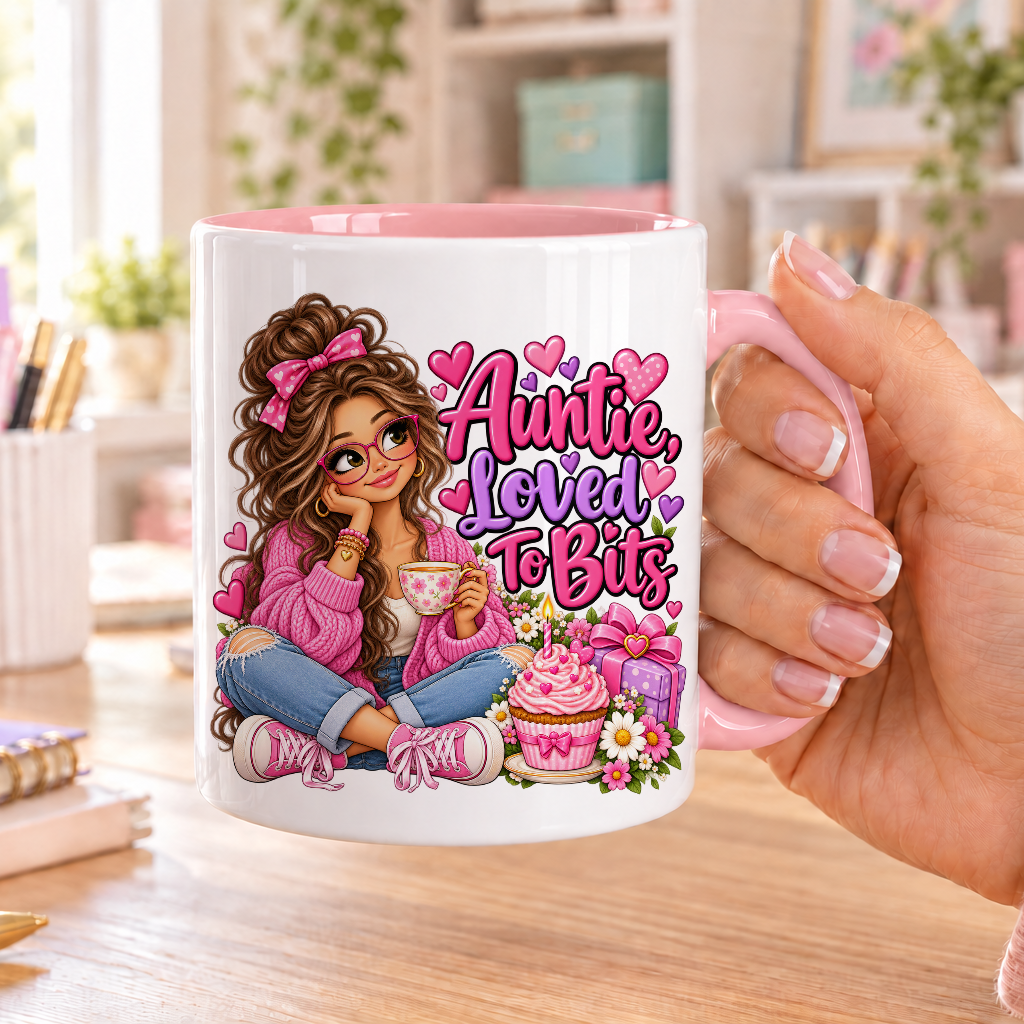 Auntie Loved to Bits birthday design – white ceramic mug with pink handle and pink inside