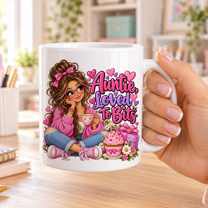 Auntie Loved to Bits birthday design – plain white ceramic mug
