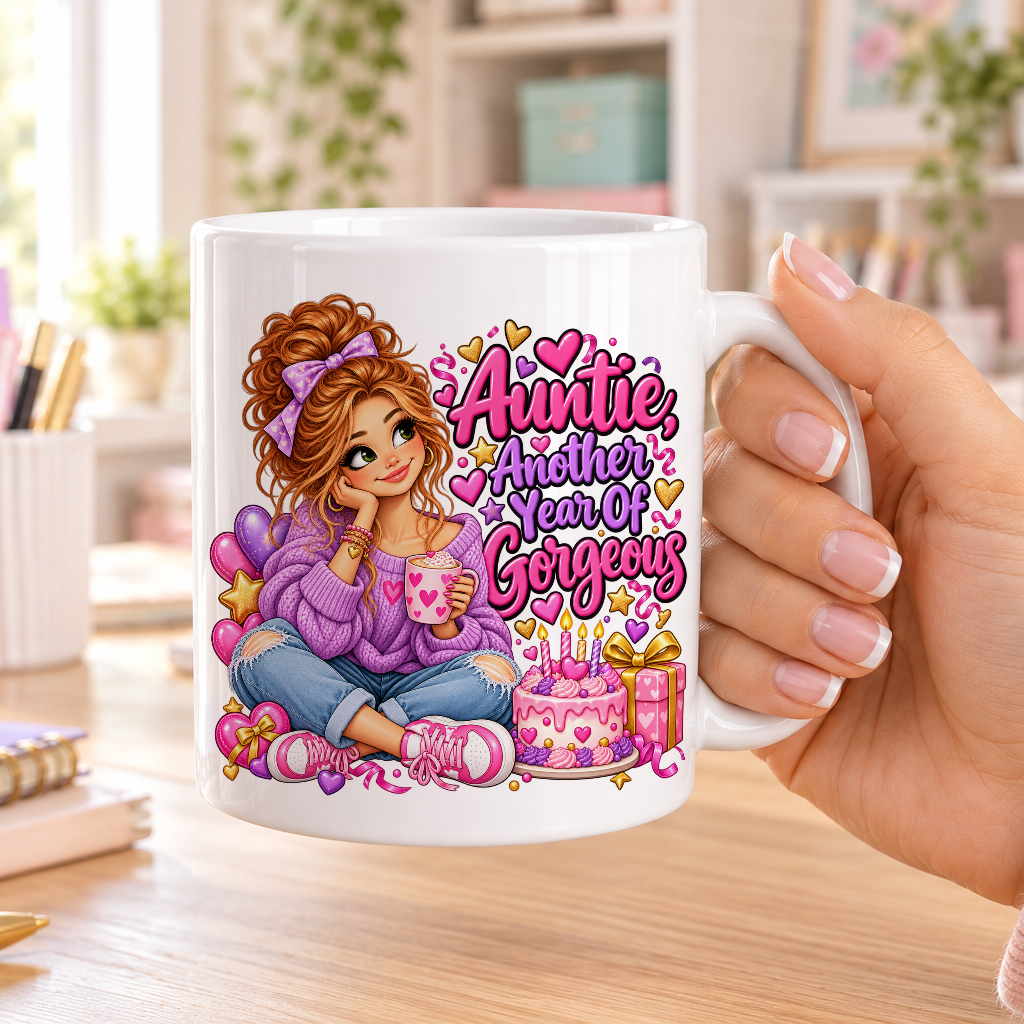 Auntie Another Year of Gorgeous birthday design – plain white ceramic mug