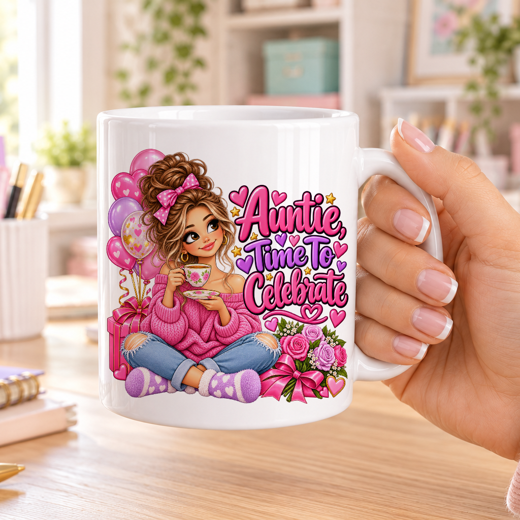 Auntie Time to Celebrate birthday design – plain white ceramic mug