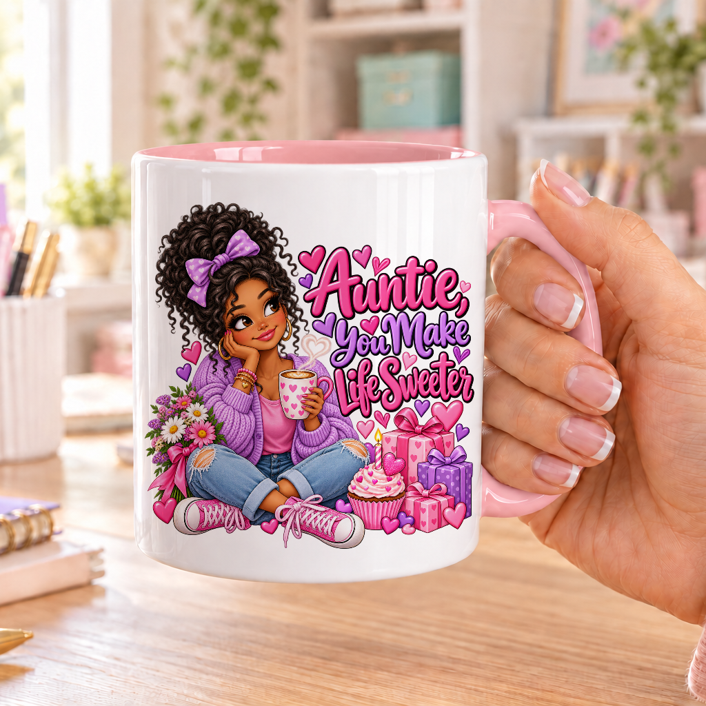 Auntie You Make Life Sweeter birthday design – white ceramic mug with pink handle and pink inside