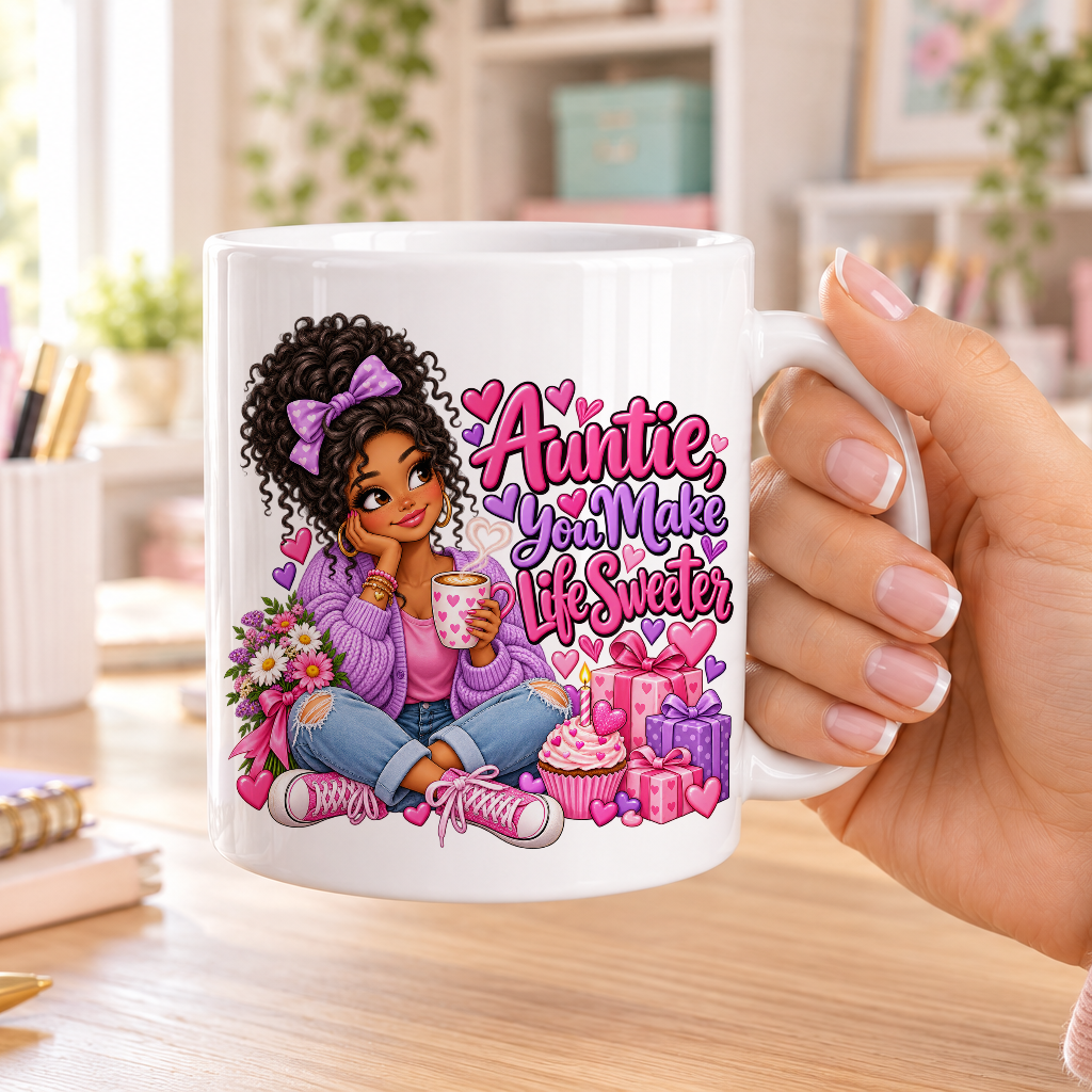 Auntie You Make Life Sweeter birthday design – plain white ceramic mug