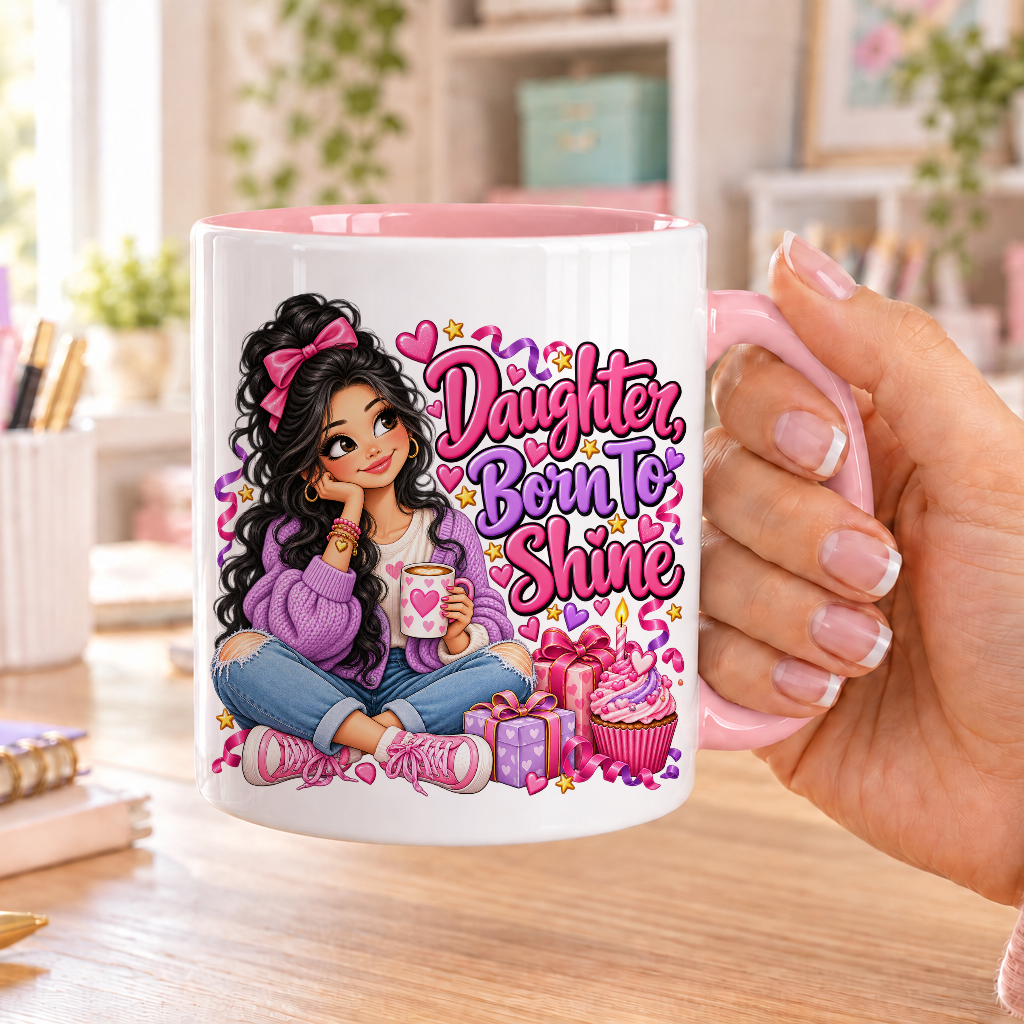 Daughter Born to Shine birthday design – white ceramic mug with pink handle and pink inside
