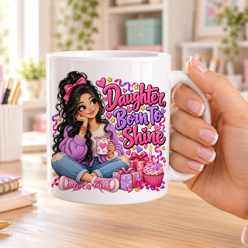 Daughter Born to Shine birthday design – plain white ceramic mug