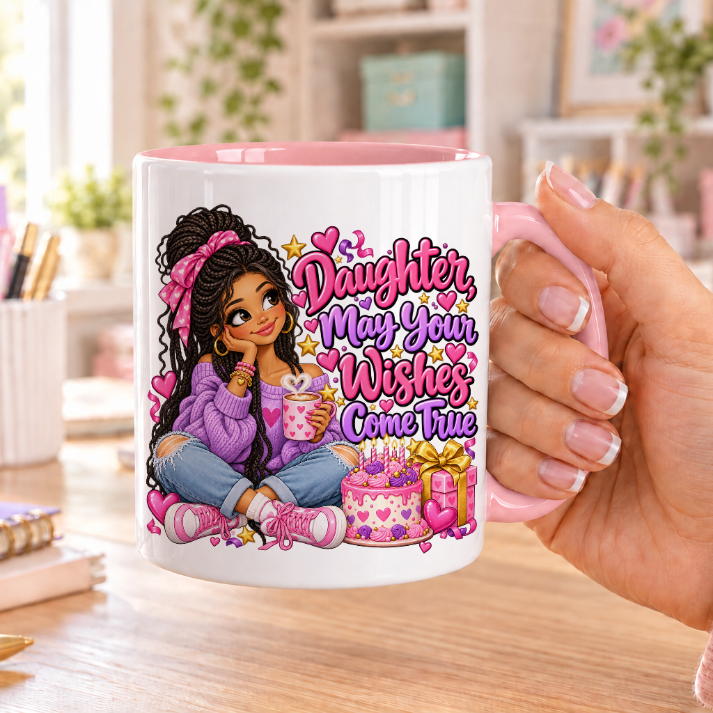 Daughter May Your Wishes Come True birthday design – white ceramic mug with pink handle and pink inside