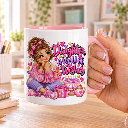 Daughter a World of Wishes birthday design – white ceramic mug with pink handle and pink inside
