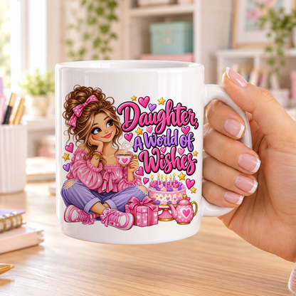 Daughter a World of Wishes birthday design – plain white ceramic mug