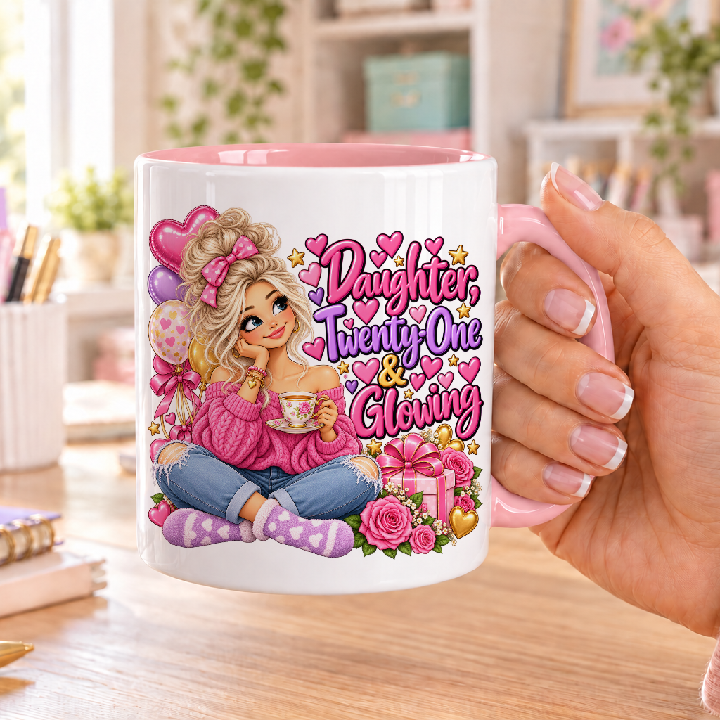 Daughter Twenty-One and Glowing birthday design – white ceramic mug with pink handle and pink inside