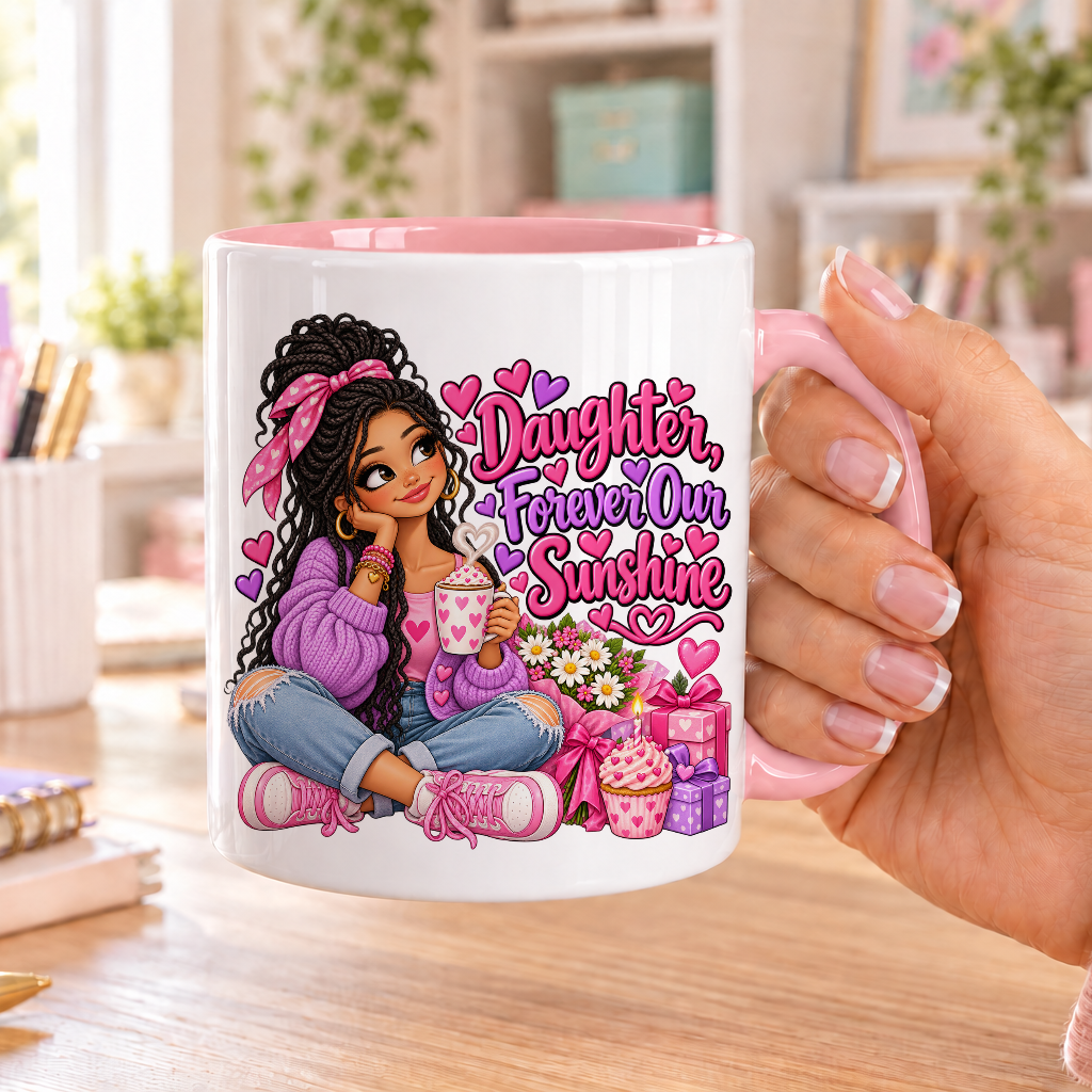 Daughter Forever Our Sunshine birthday design – white ceramic mug with pink handle and pink inside