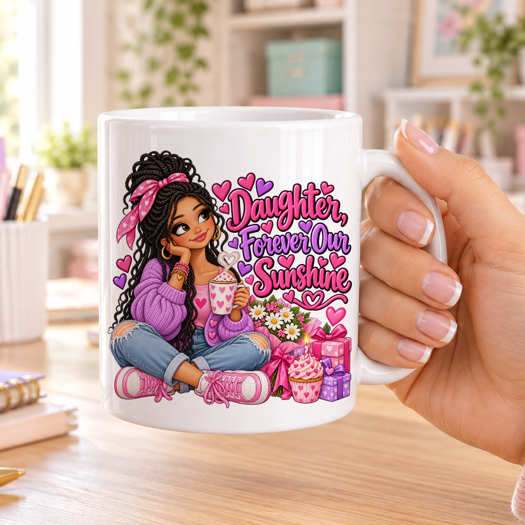 Daughter Forever Our Sunshine birthday design – plain white ceramic mug
