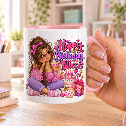 Happy Birthday Niece birthday design – white ceramic mug with pink handle and pink inside